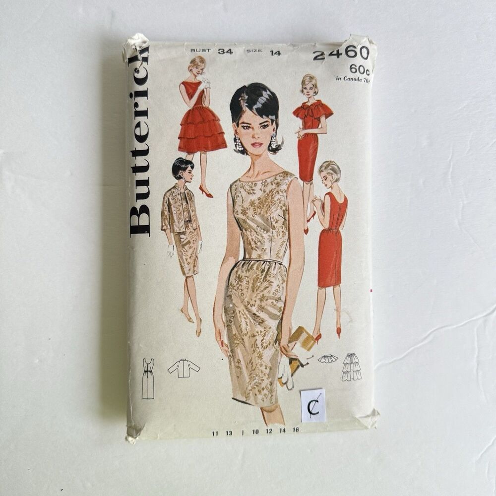Vtg Butterick Sewing Pattern 2460 Ladies Sheath Dress Overskirt & Capelet Sz 14